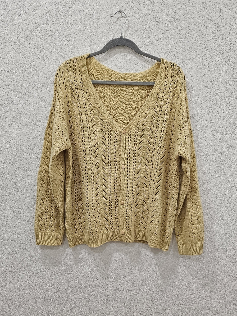 Beige Open-Knit V-Neck Button Cardigan Sweater